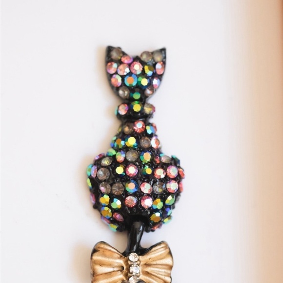 Betsy Johnson Black Cat Iridescent Rhinestone Drop Earrings, NWT,🌛 - Picture 5 of 11